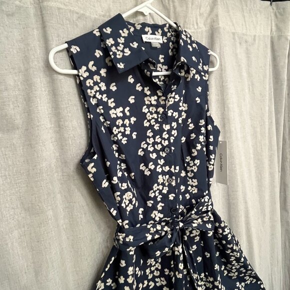 Calvin Klein Sleeveless Collared Button Down Tie Waist Dress w/ pockets Size 8 - Picture 11 of 11